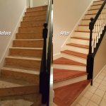 Side by side view of a before and after of a wood staircase.